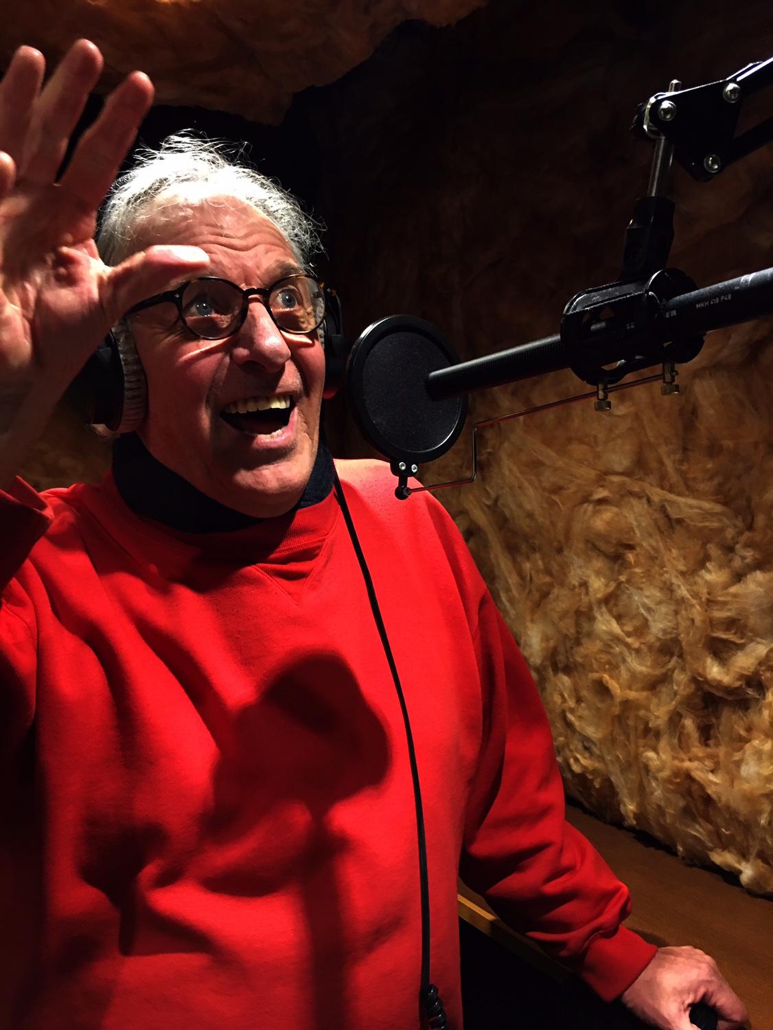 A voice artist mid-take inside the YES AUDIO booth — wool acoustic walls behind, broadcast mic in front